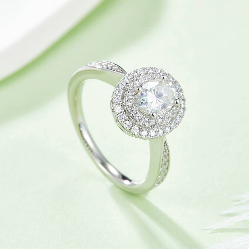 豪镶蛋形S925银镀白金MoissaniteWomen's Ring1.0ctD级